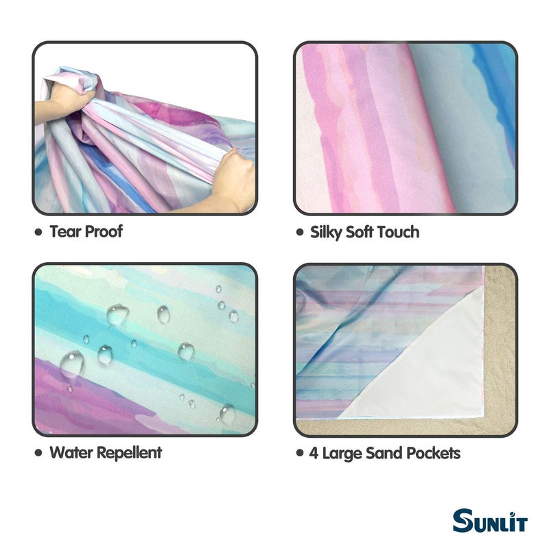 Sunlit Silky Soft 106"x81" Sand Proof Beach Blanket Sand Proof Mat with Corner Pocket and Mesh Bag for Beach Party, Travel, Camping and Outdoor Music Festival, Watercolor Painting Macaron Blue - Image 5